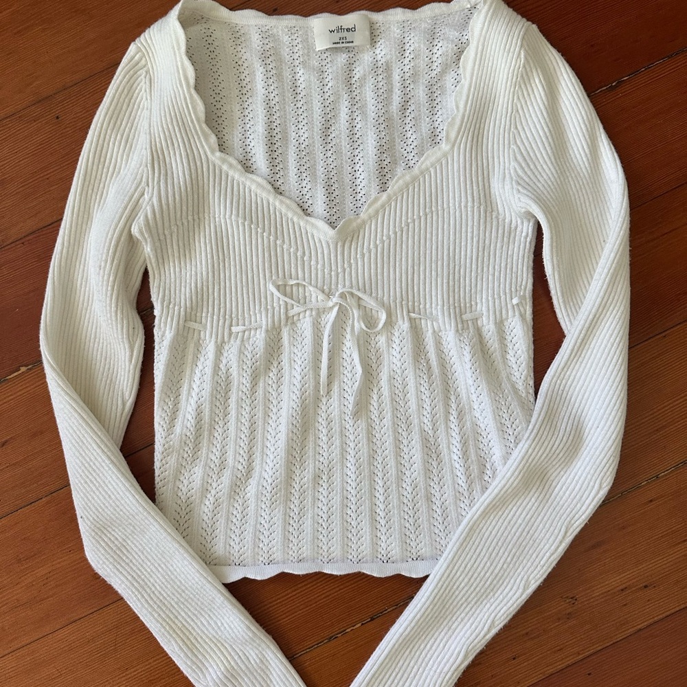 Wilfred White Cream Ribbed Tie Front Pointelle Blouse (Like New, From Aritzia)